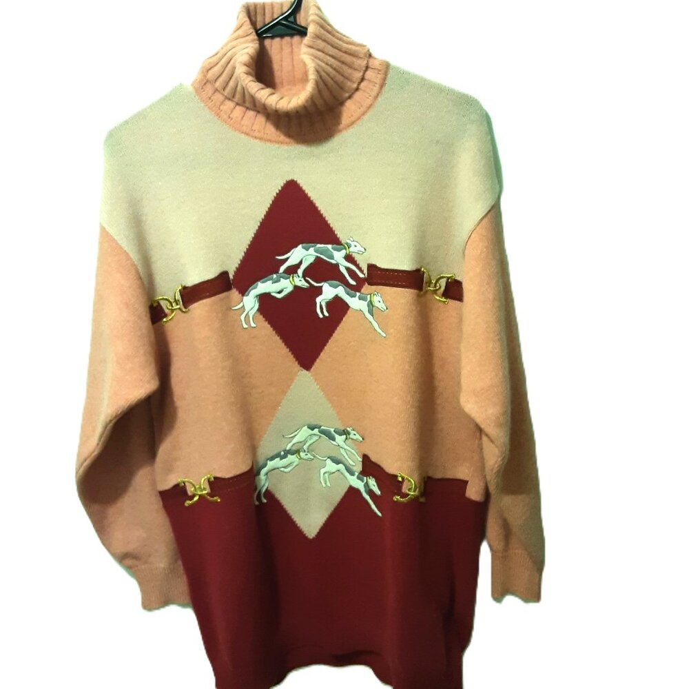 Vintage 1980s Carella Italy Pink Dog‑Motif Turtleneck Sweater Pullover Novelty